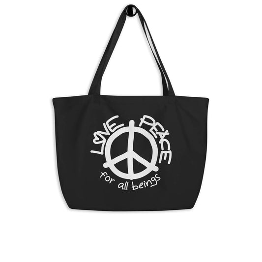 Große Stofftasche schwarz mit Peace-Logo und Tragehenkeln