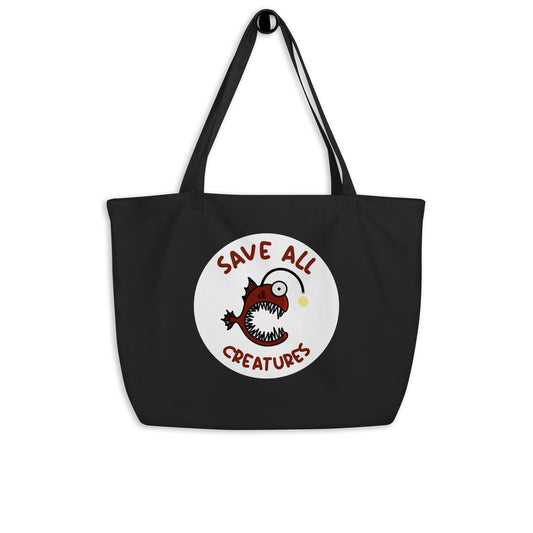 Schwarze große Stofftasche mit Aufdruck „Save All Creatures“ und Schlaufenhenkeln