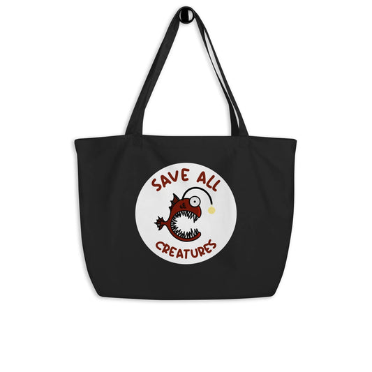 Große Stofftasche, schwarz, mit rundem Tiermotiv-Aufdruck und zwei Tragegriffen