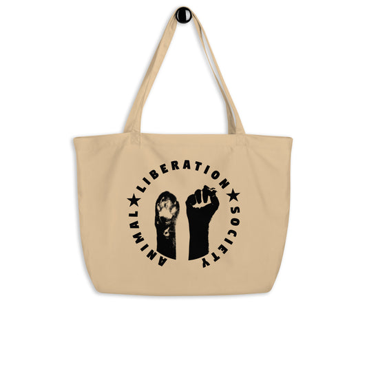 Große Stofftasche beige mit schwarzem Faust-und-Paw-Kreislogo, breite Tragehenkel