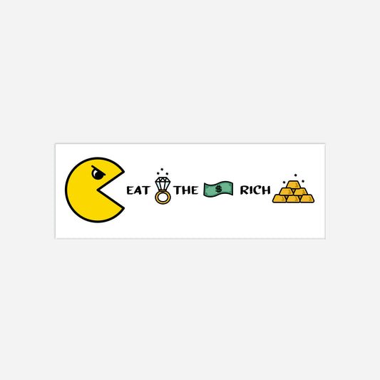 Vegan & Rebellious Sticker: PAC-MAN - Eat the rich (PAC-MAN verspeist Reichtümer, Diamantring, Geldschein und Goldbarren, dazwischen Schriftzug in Schwarz, gegen Kapitalismus)