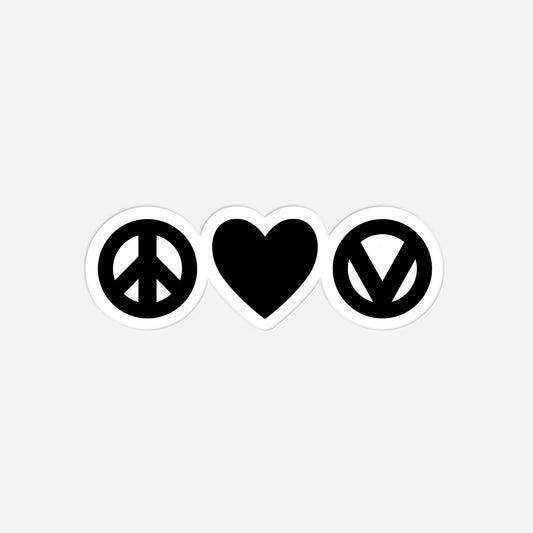 Vegan & Rebellious Sticker: LOVE - PEACE - VEGAN (Peacezeichen, Herz und Vegan V schlicht in schwarz und weiß umrandet)