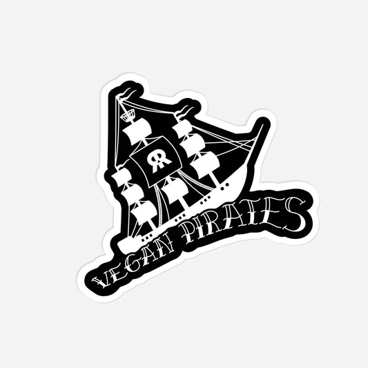 Vegan & Rebellious Sticker: Vegan Pirates ( Piratenschiff mit Rude Rebel Skull auf einem Segel und Schriftzug als Welle in schwarz und weiß, Vegan Merch, Veganismus, Tierschutz)