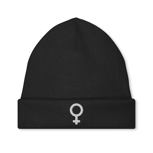 Schwarze Bio-Mütze mit Umschlag und besticktem Frauensymbol vorne