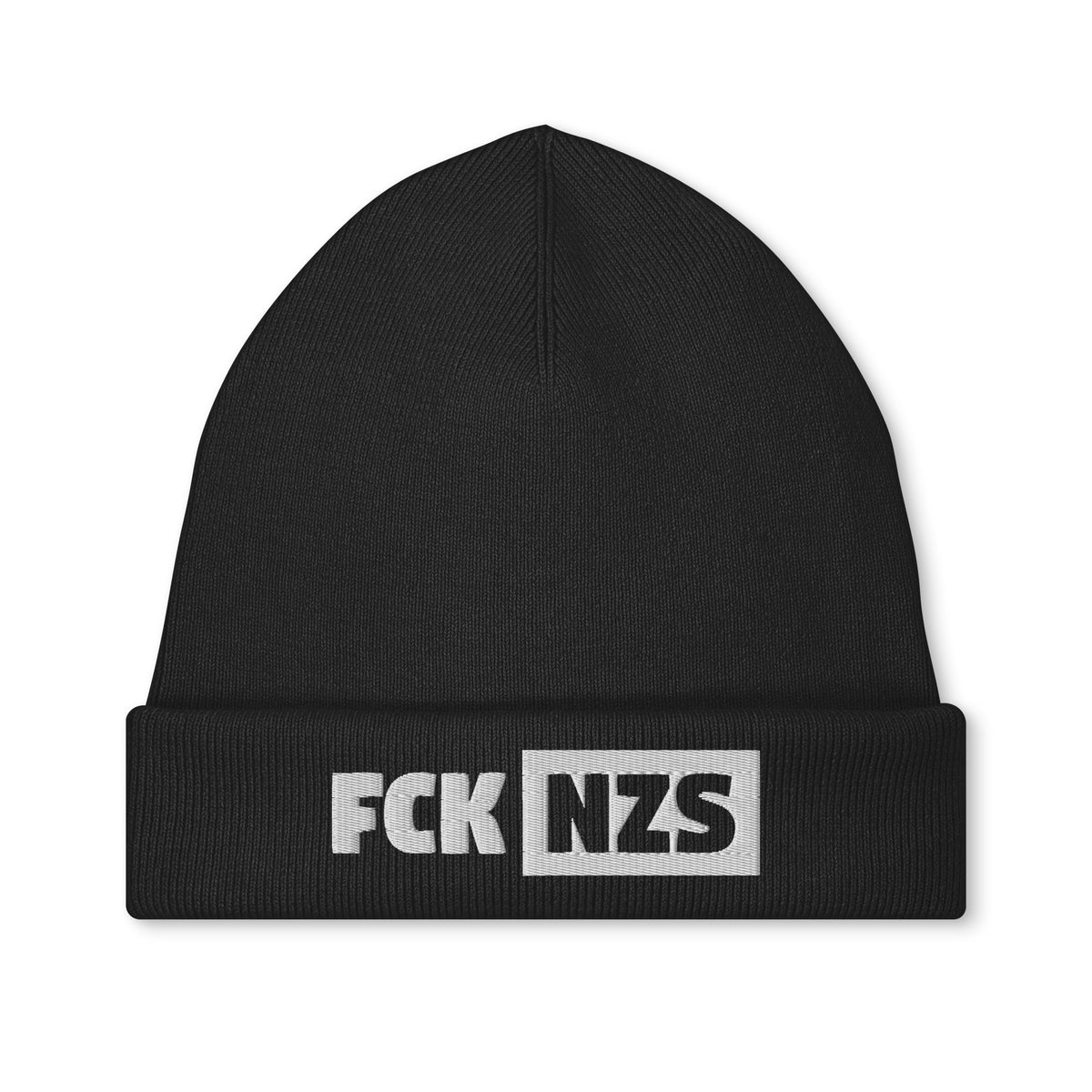 Bestickte Mütze, schwarze Strickmütze mit Schriftzug „FCK NZS“ am Umschlag