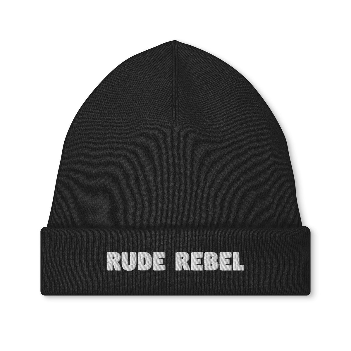 Bestickte Vegan- und Bio-Mütze in Schwarz mit „RUDE REBEL“-Schriftzug vorn