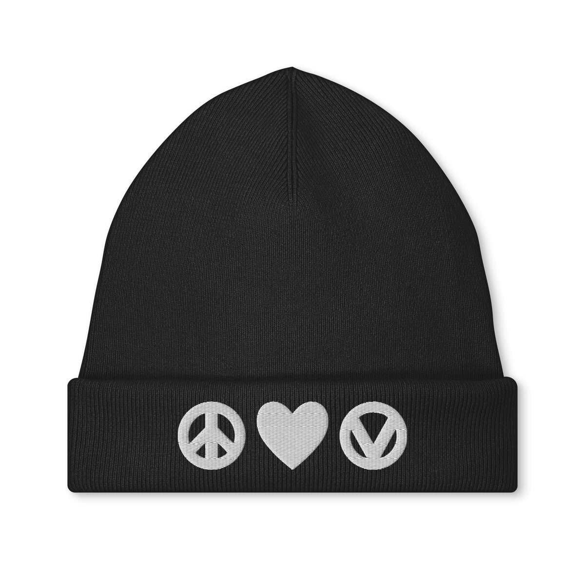 Strickmütze mit Stickerei, schwarze Mütze mit Peace-, Herz- und Vegan-Symbolen