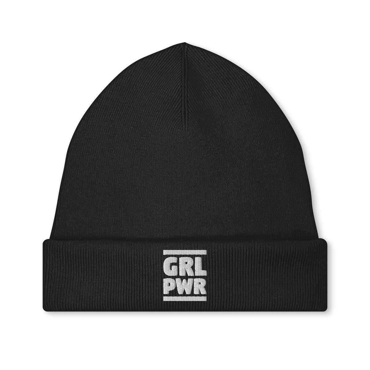 Vegane Bio-Mütze, schwarze Strickmütze mit Aufnäher „GRL PWR“