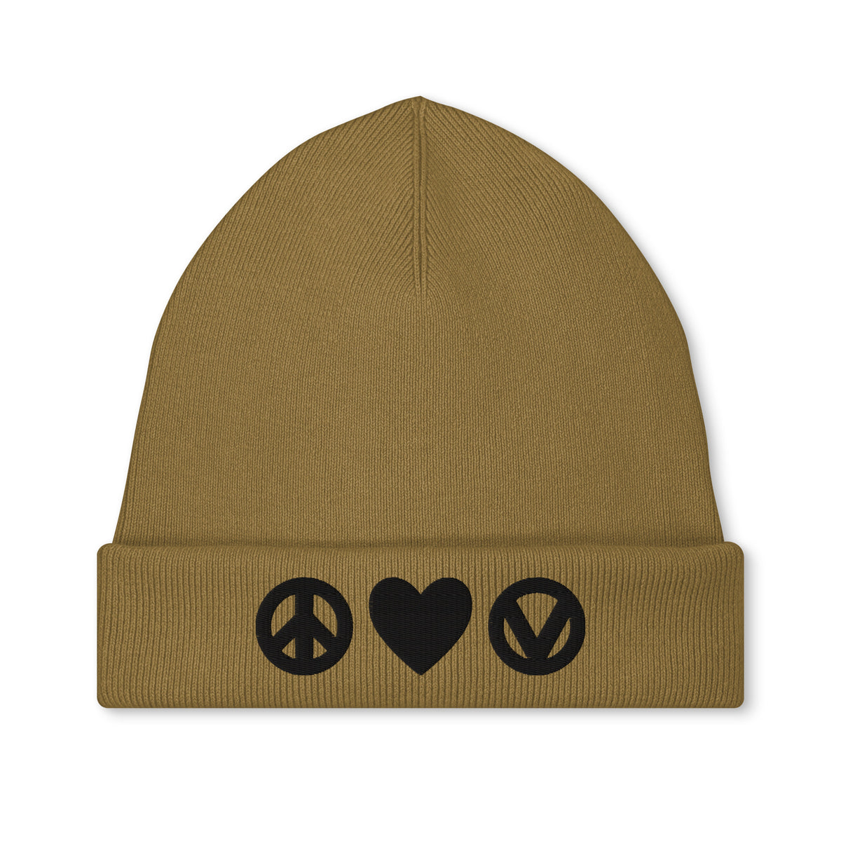Strickmütze mit Stickerei, ockerbraune Mütze mit Peace-, Herz- und Vegan-Symbolen
