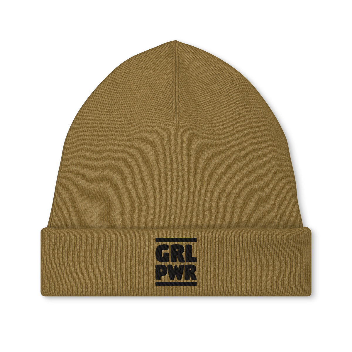 Vegane Bio-Mütze, olivbraune Strickmütze mit Aufnäher „GRL PWR“