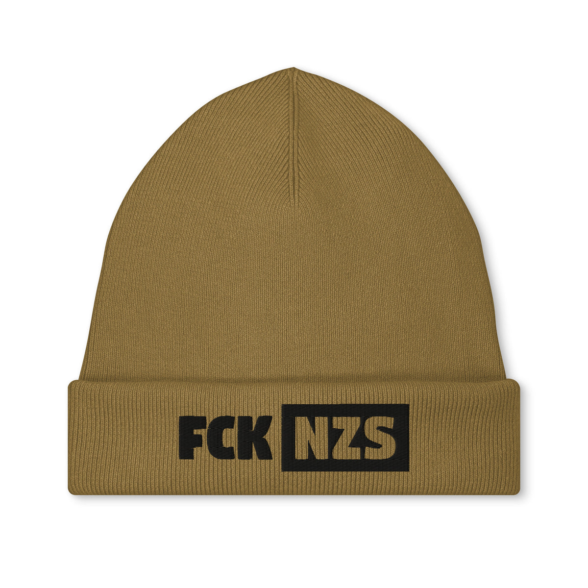 Bestickte Mütze, senfgelbe Strickmütze mit Schriftzug „FCK NZS“ am Umschlag