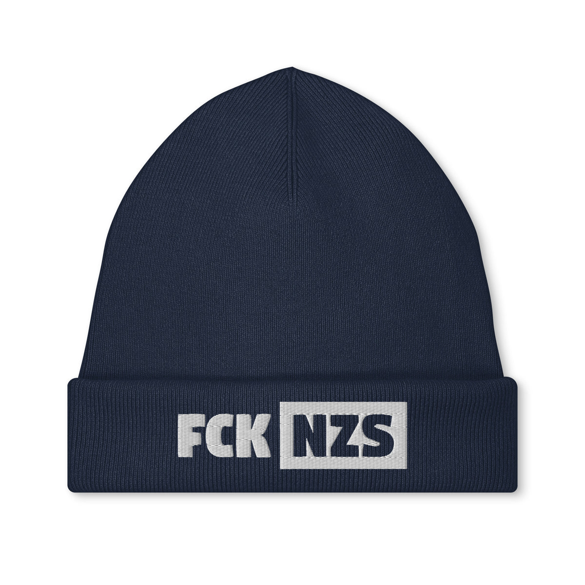 Bestickte Mütze, dunkelblaue Strickmütze mit Schriftzug „FCK NZS“ am Umschlag