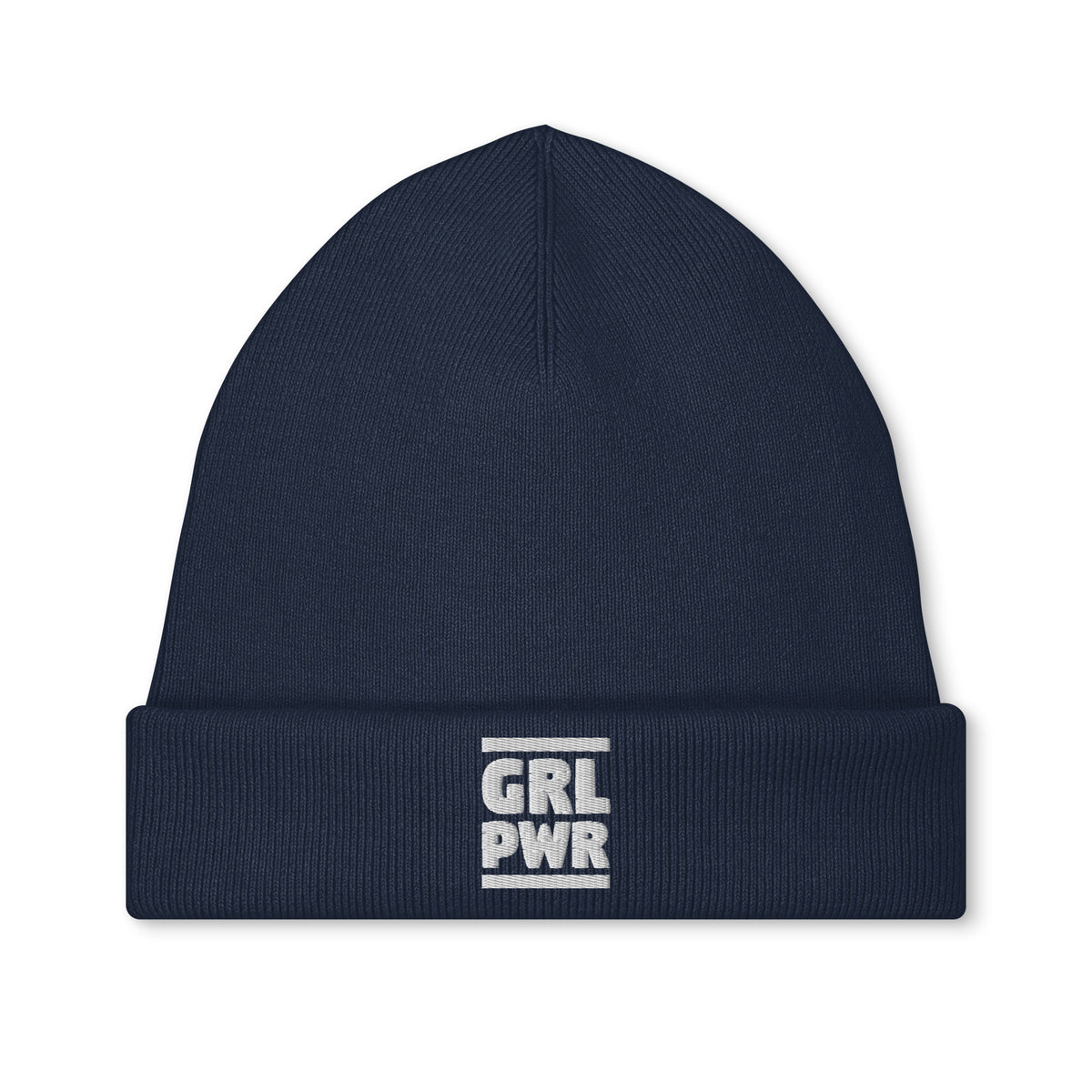 Vegane Bio-Mütze, dunkelblaue Strickmütze mit Aufnäher „GRL PWR“
