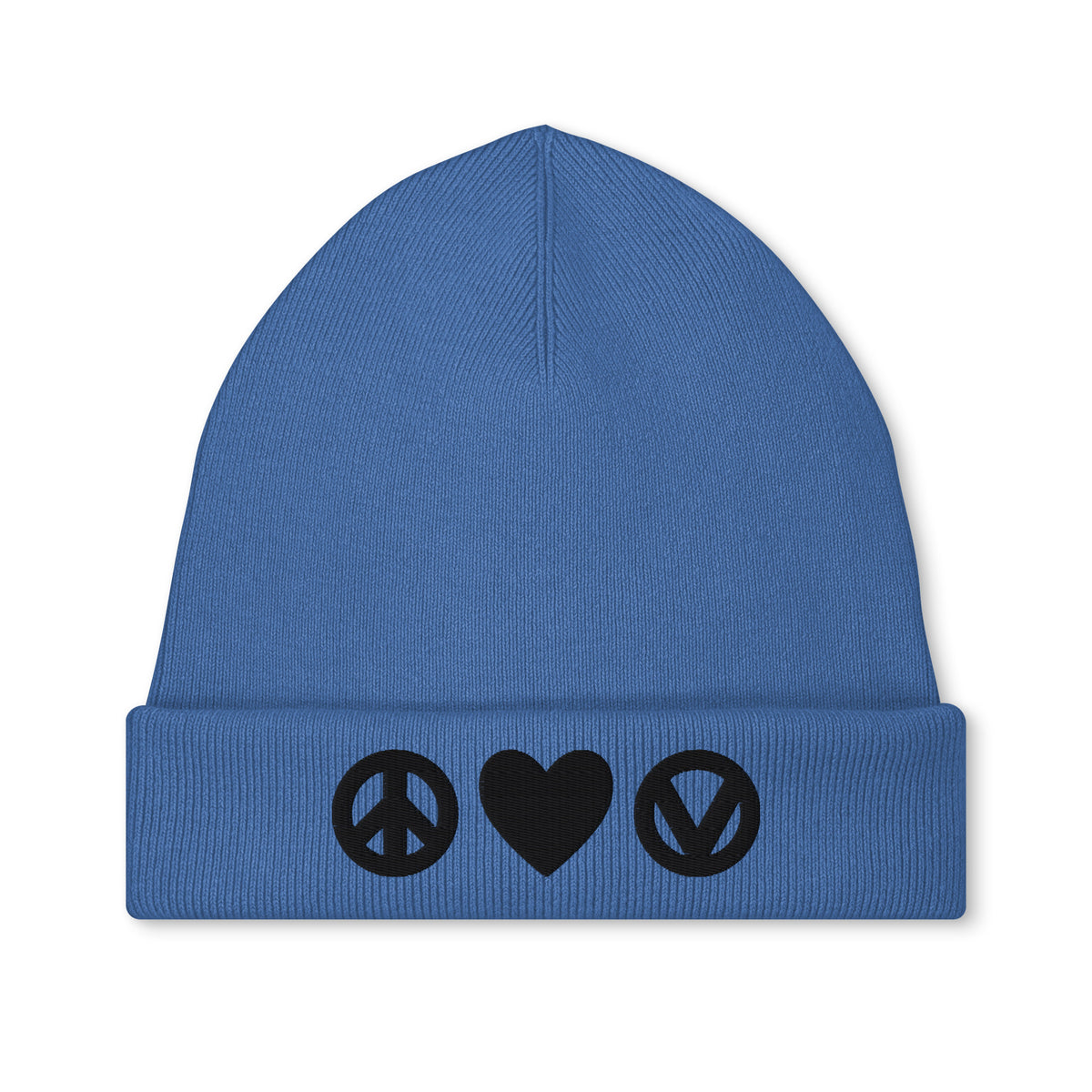 Strickmütze mit Stickerei, blaue Mütze mit Peace-, Herz- und Vegan-Symbolen