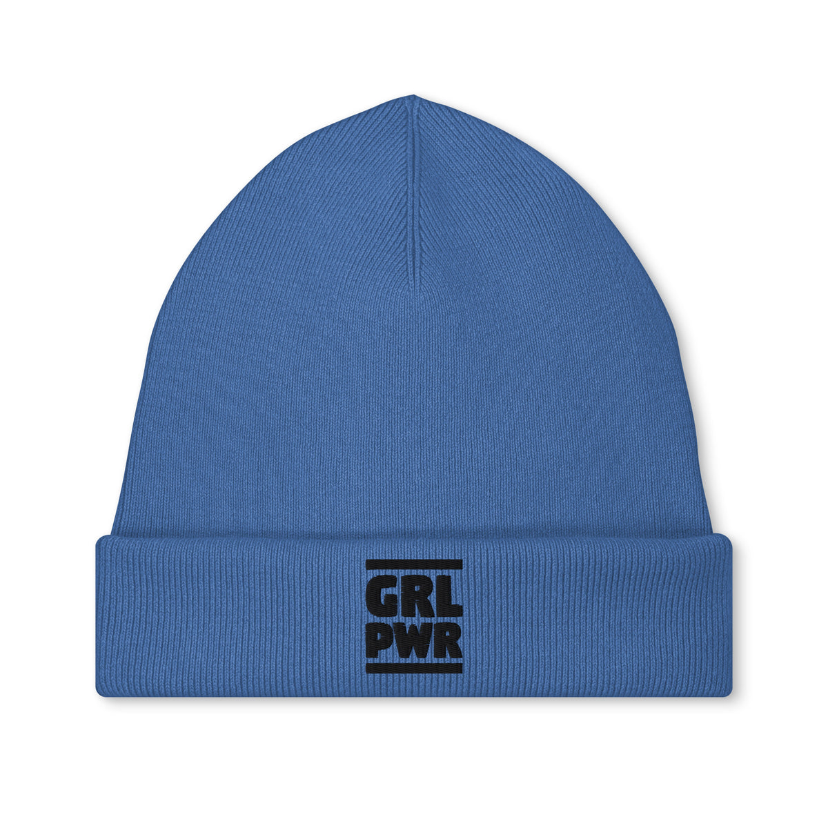 Vegane Bio-Mütze, blaue Strickmütze mit Aufnäher „GRL PWR“