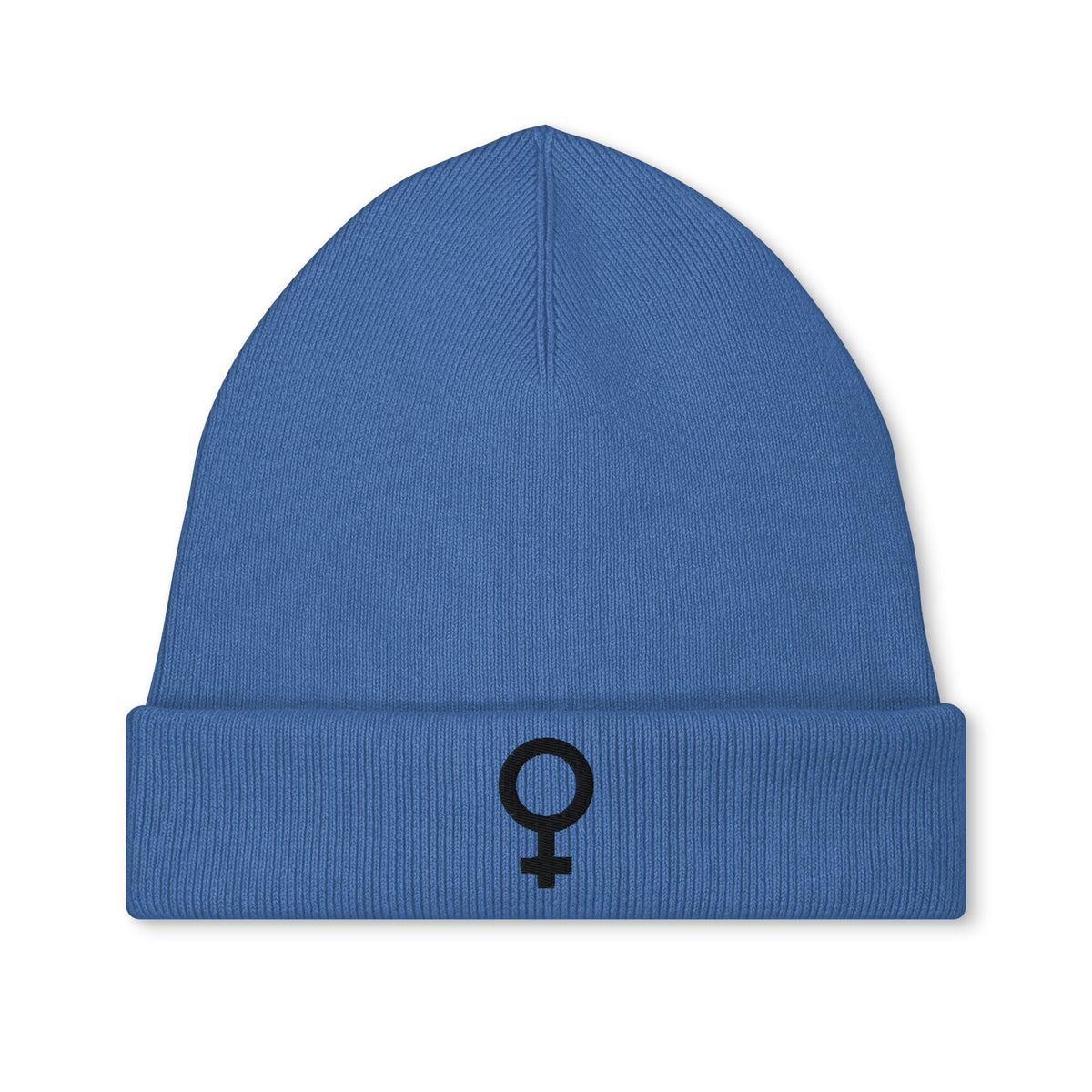 Vegane Bio-Mütze aus Strick in Blau, bestickt mit Feminismus-Frauensymbol
