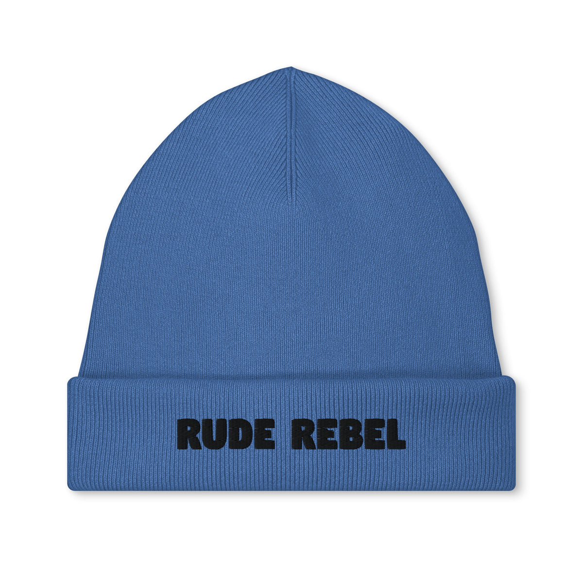 Bestickte Vegan- und Bio-Mütze in Blau mit „RUDE REBEL“-Schriftzug vorn