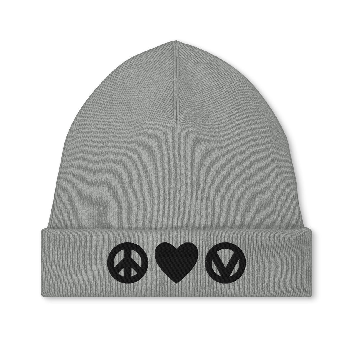 Strickmütze mit Stickerei, graue Mütze mit Peace-, Herz- und Vegan-Symbolen