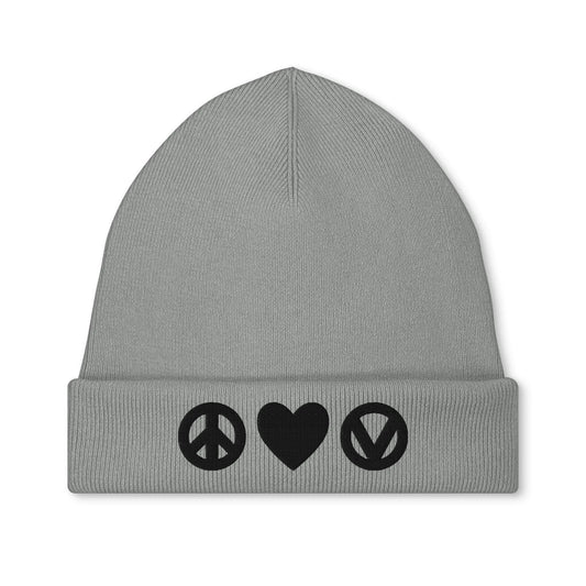 Vegane Bio-Mütze mit Stickerei in Hellgrau und schwarzem Peace-Heart-Veganism-Motiv