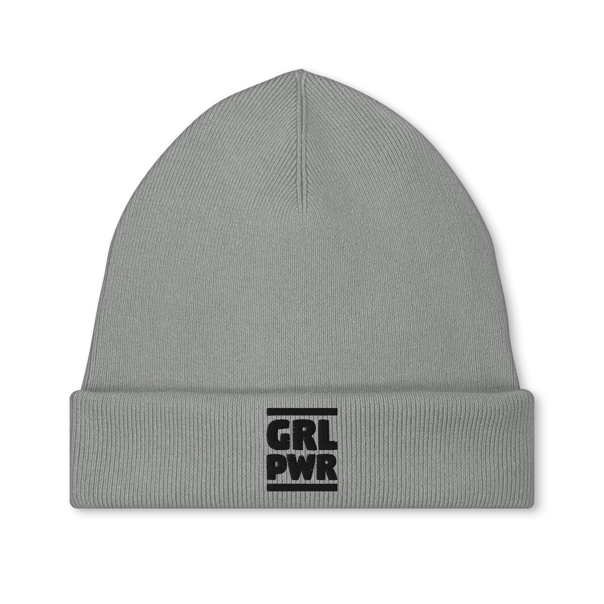 Vegane Bio-Mütze, graue Strickmütze mit Aufnäher „GRL PWR“