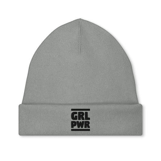Strickmütze in Grau mit Bündchen und besticktem Patch „GRL PWR“
