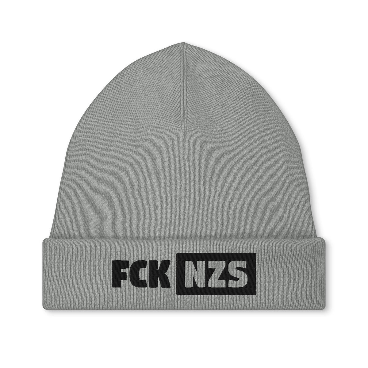 Bestickte Mütze, hellgraue Strickmütze mit Schriftzug „FCK NZS“ am Umschlag