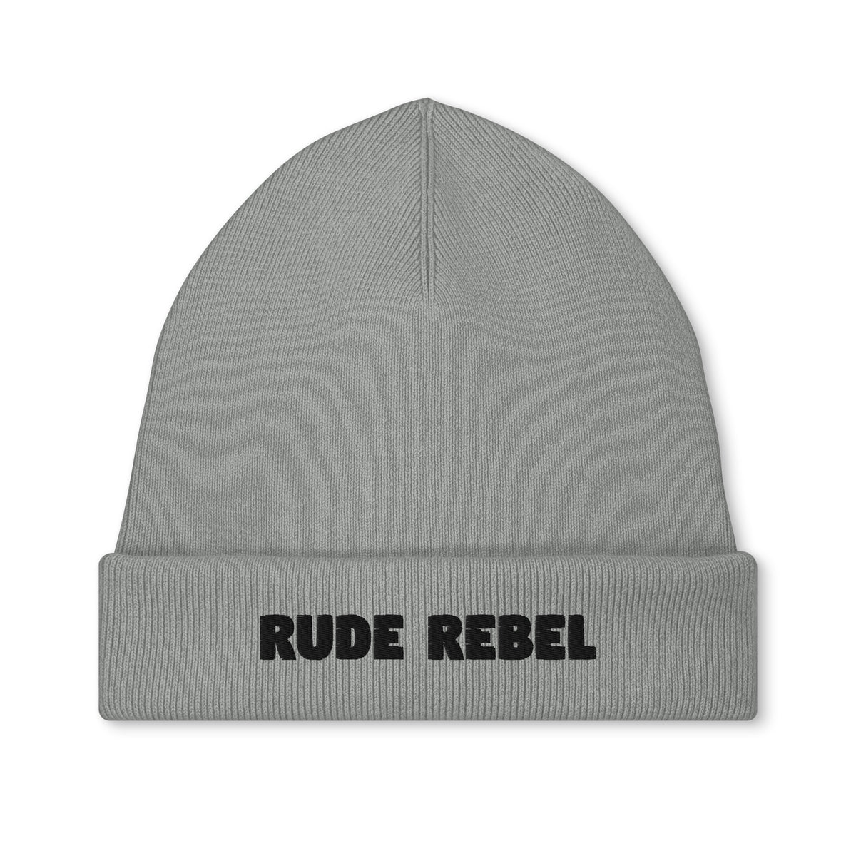 Bestickte Vegan- und Bio-Mütze in Hellgrau mit „RUDE REBEL“-Schriftzug vorn