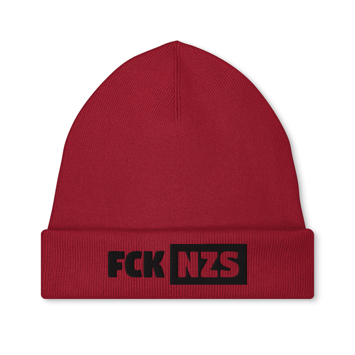 Bestickte Mütze, rote Strickmütze mit Schriftzug „FCK NZS“ am Umschlag