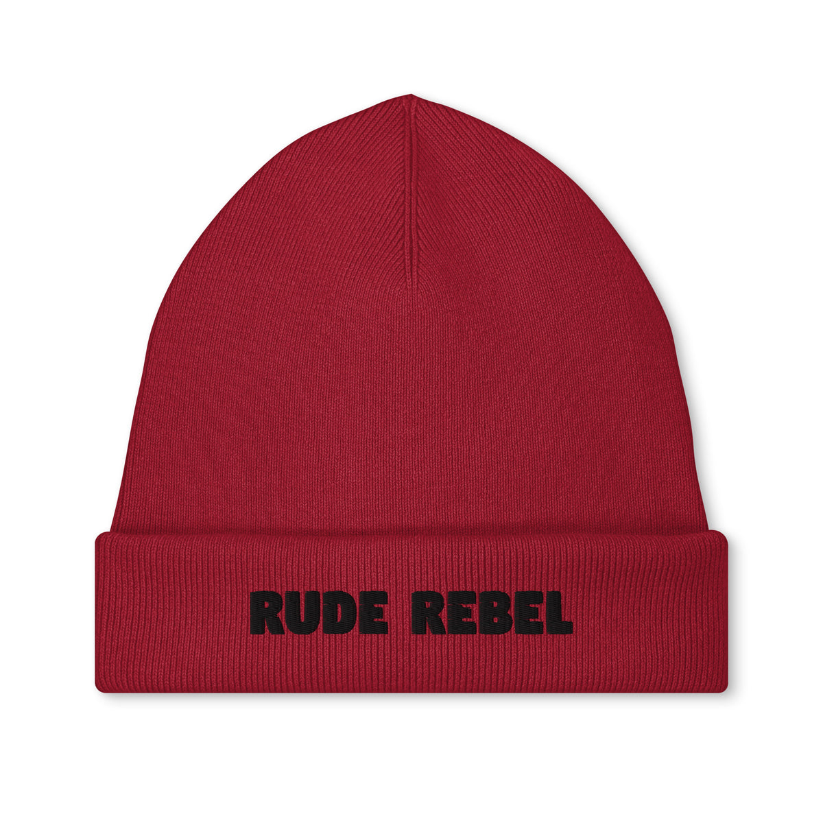 Bestickte Vegan- und Bio-Mütze in Rot mit „RUDE REBEL“-Schriftzug vorn