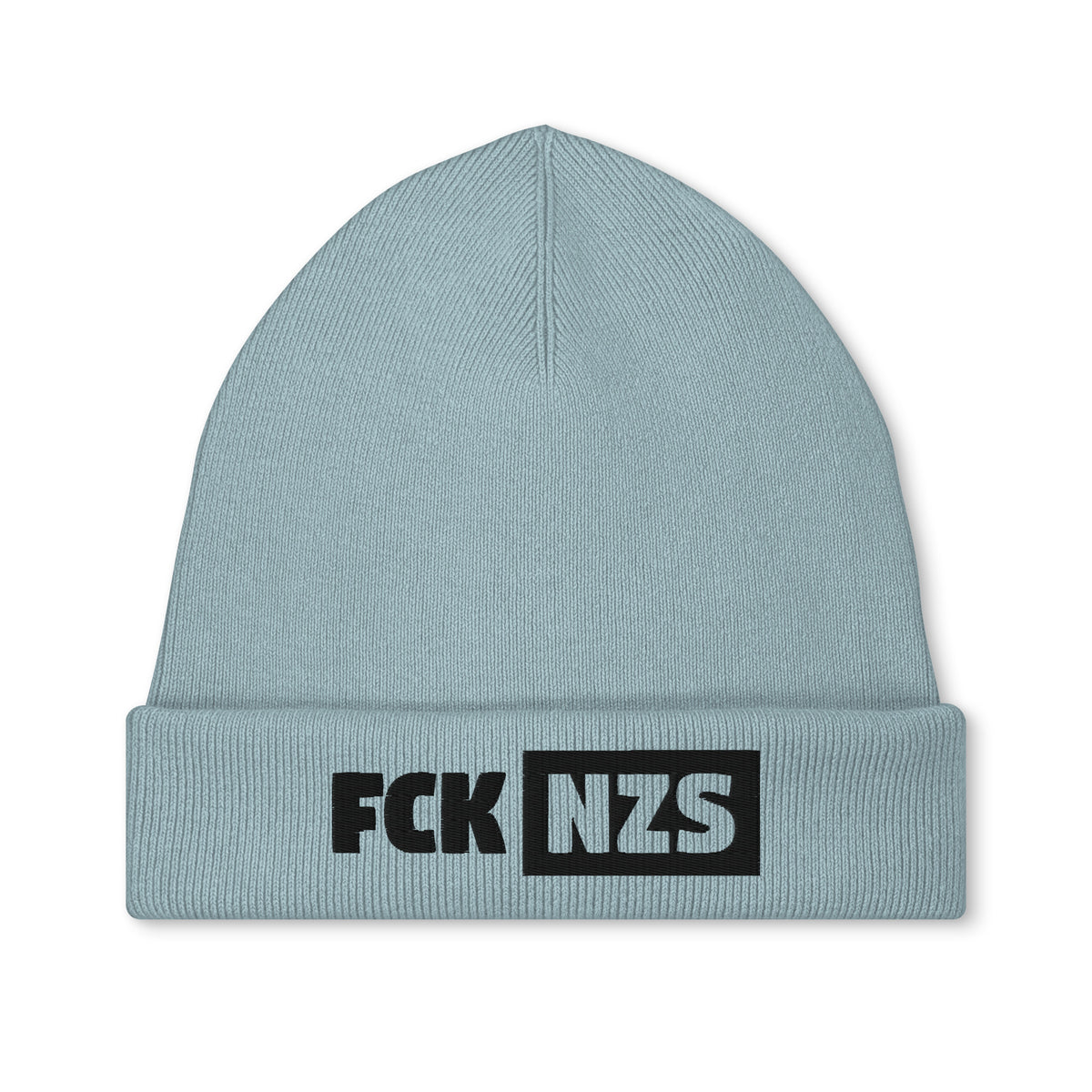 Bestickte Mütze, hellblaue Strickmütze mit Schriftzug „FCK NZS“ am Umschlag