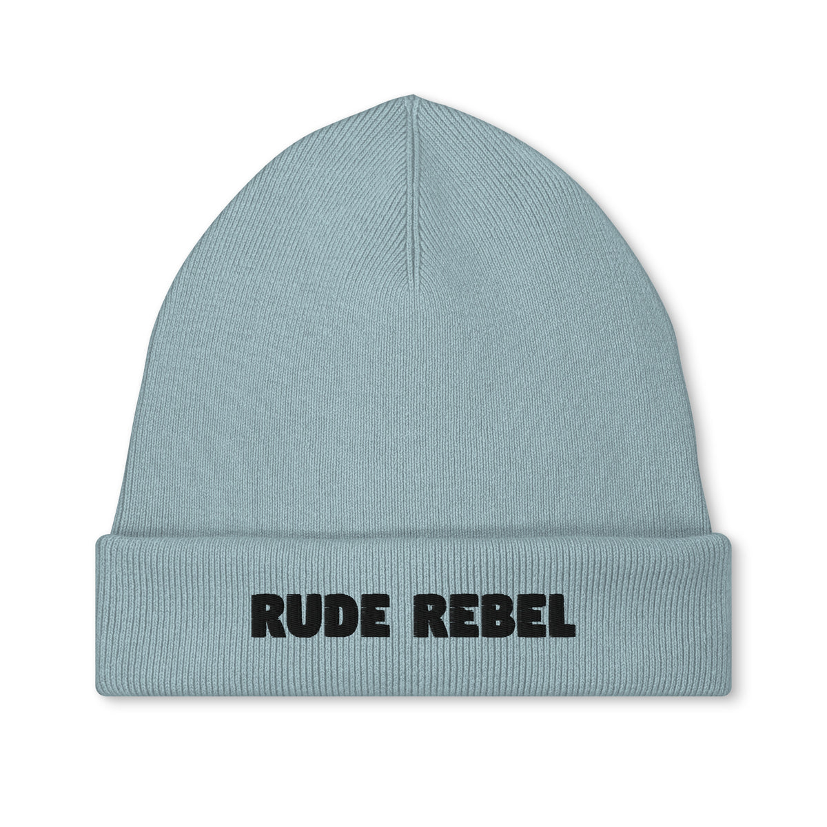 Bestickte Vegan- und Bio-Mütze in Hellblau mit „RUDE REBEL“-Schriftzug vorn