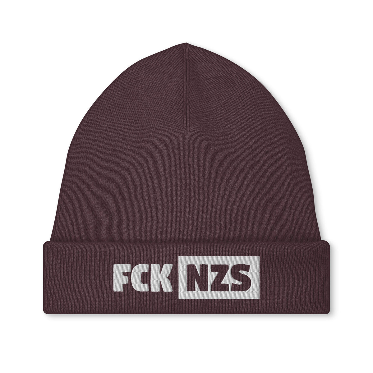 Bestickte Mütze, dunkelrote Strickmütze mit Schriftzug „FCK NZS“ am Umschlag