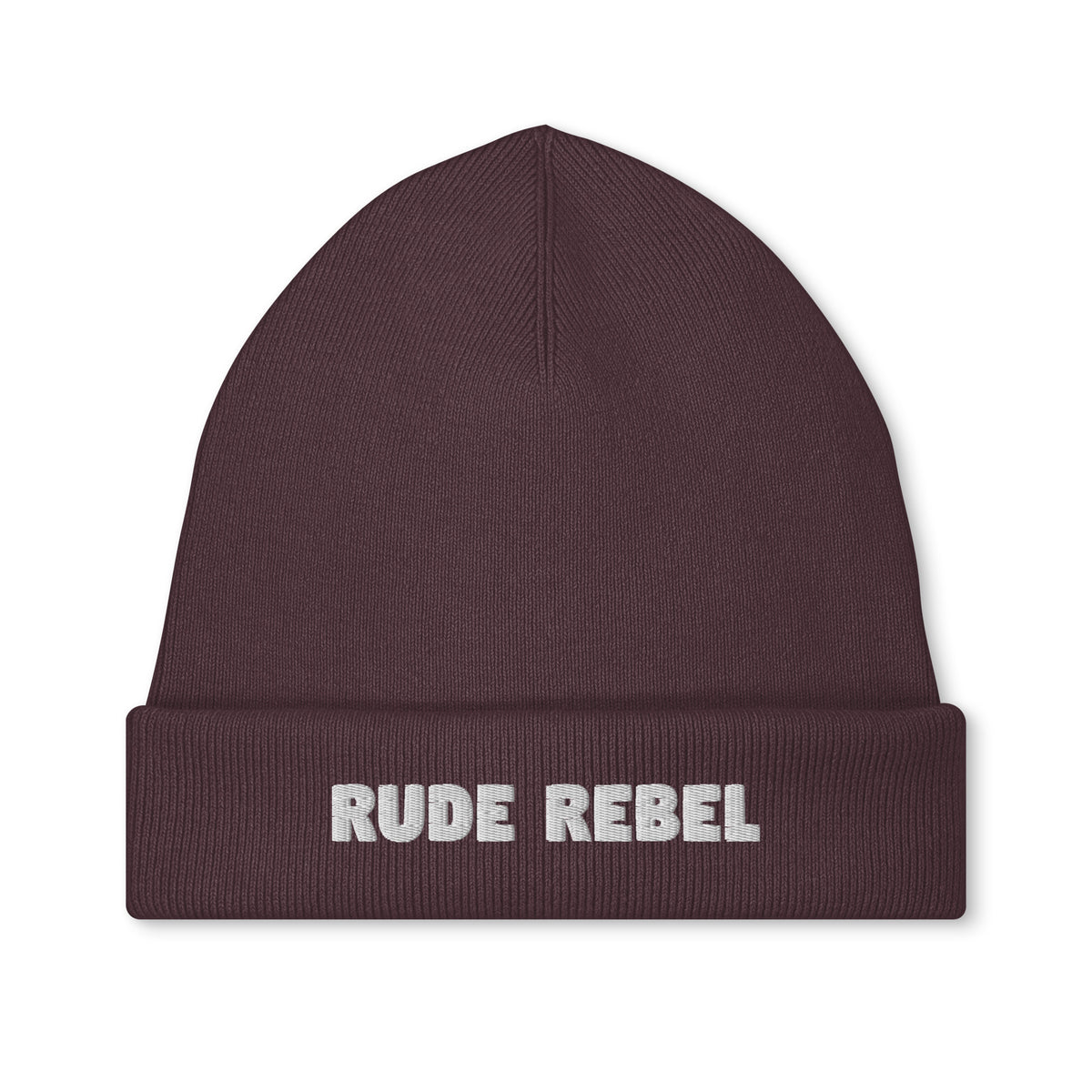 Bestickte Vegan- und Bio-Mütze in Braunrot mit „RUDE REBEL“-Schriftzug vorn