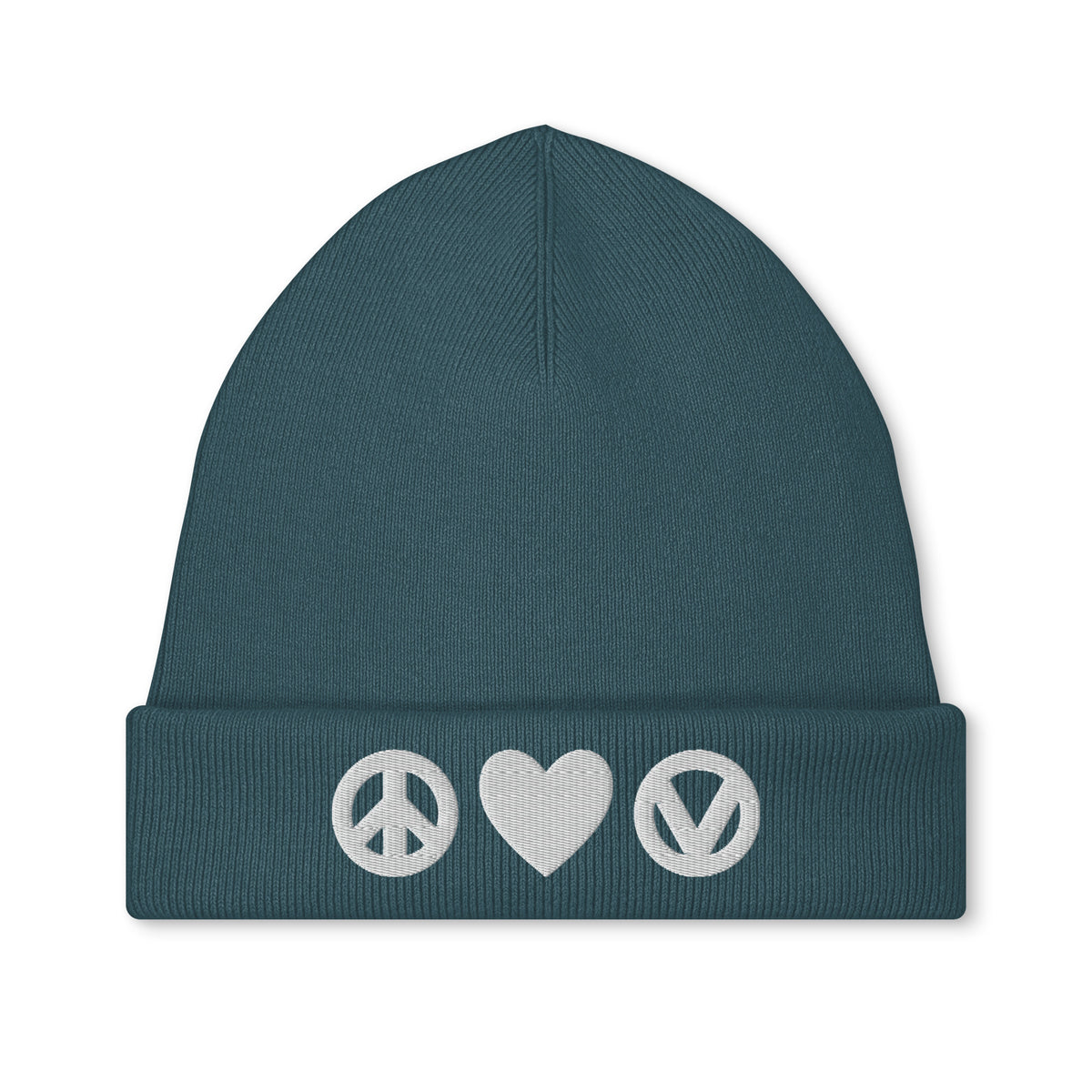 Strickmütze mit Stickerei, türkisfarbene Mütze mit Peace-, Herz- und Vegan-Symbolen