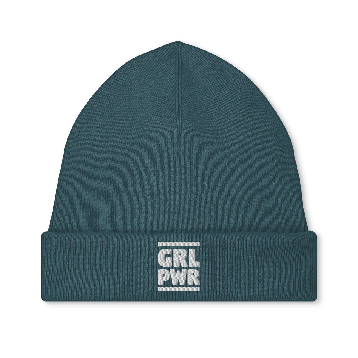 Vegane Bio-Mütze, petrolfarbene Strickmütze mit Aufnäher „GRL PWR“