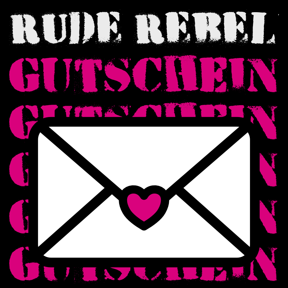 250€ Gutschein von RUDE REBEL: Weiße Briefumschlag-Grafik mit rosa Herz, umgeben von GUTSCHEIN-Text. Gutschein-Code per E-Mail, drei Jahre gültig, nicht mit Rabatten kombinierbar.