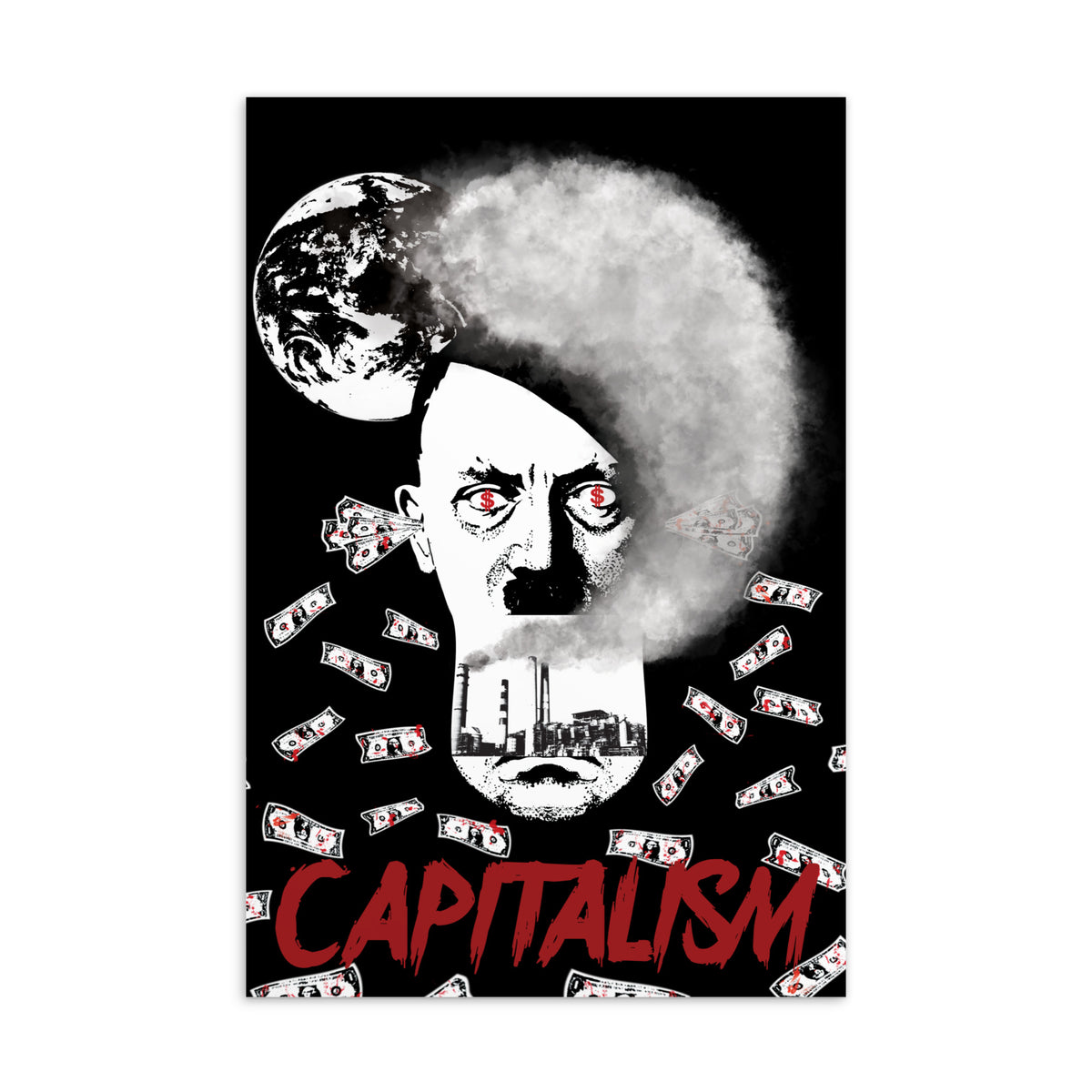 Vegane Postkarte mit Illustration eines Gesichts, Mond und rotem Schriftzug „CAPITALISM“