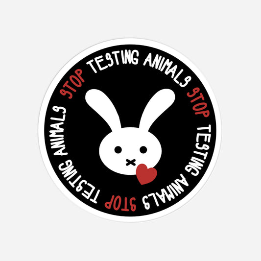 Vegan & Rebellious Sticker: Cute Bunny - STOP TESTING ANIMALS (Süßes weißes Häschen auf schwarzem Hintergrund mit Herzchen und rundherum Schriftzug, Gegen Tierversuche, Veganismus, Vegan Merch)