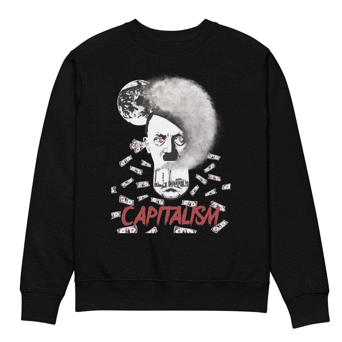 Unisex-Sweatshirt in Schwarz mit großem „CAPITALISM“-Print und Gesicht-Motiv