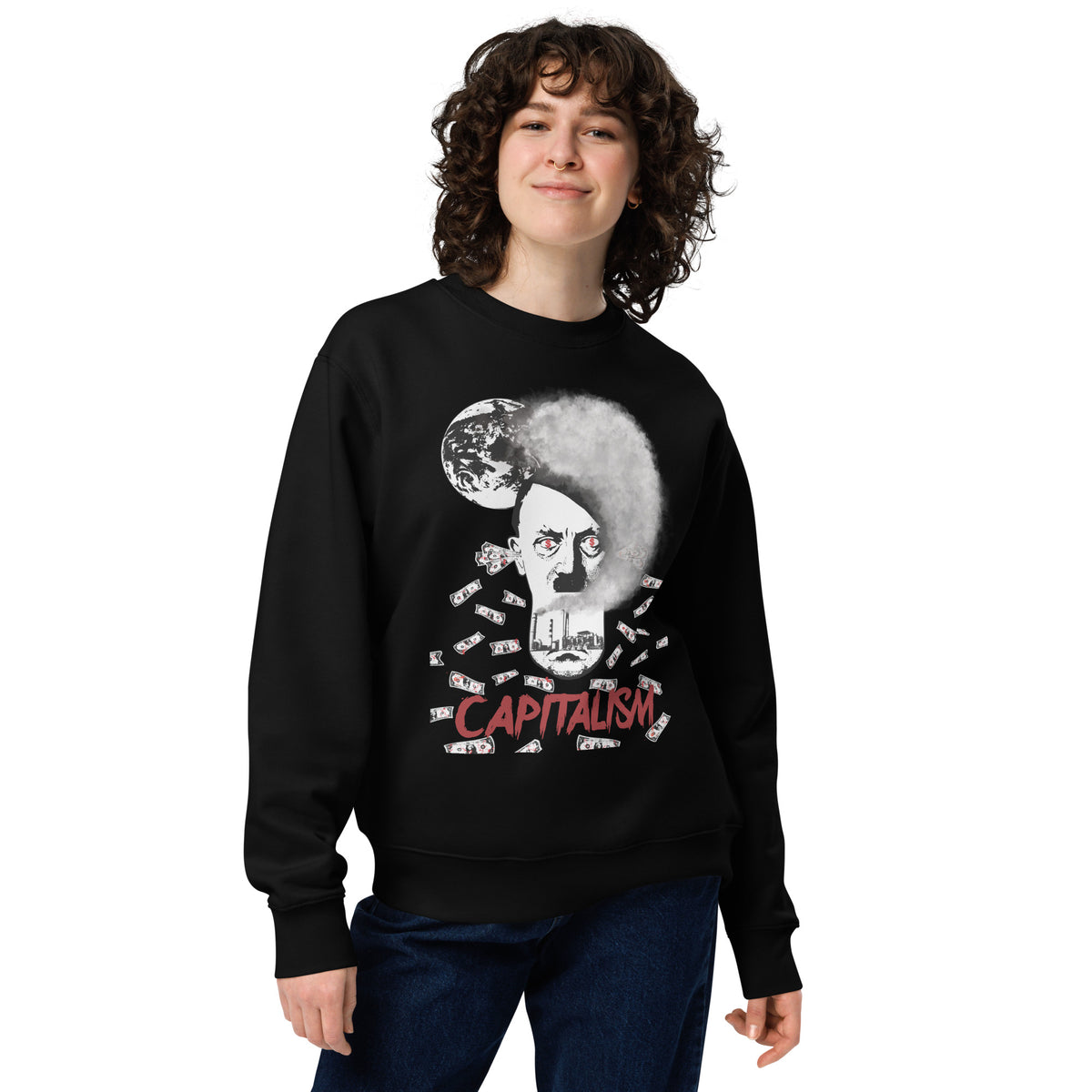 Unisex-Sweatshirt in Schwarz mit großem „CAPITALISM“-Motiv auf der Vorderseite
