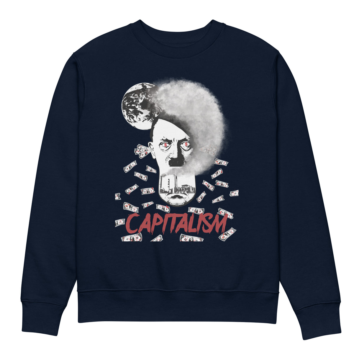 Unisex-Sweatshirt in French Navy mit großem „CAPITALISM“-Motiv auf der Vorderseite