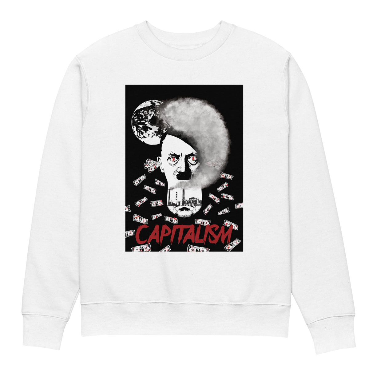 Unisex-Sweatshirt in Weiß mit großem „CAPITALISM“-Print im Quadrat auf der Vorderseite