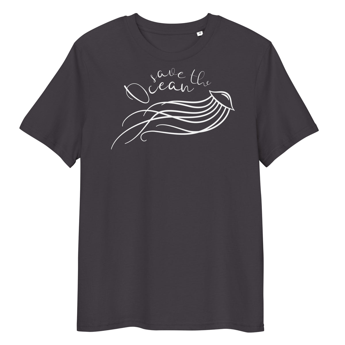 Dunkelgraues Bio-Baumwoll-T-Shirt mit weißem „Save the Ocean“-Quallen-Aufdruck und Rundhalsausschnitt.