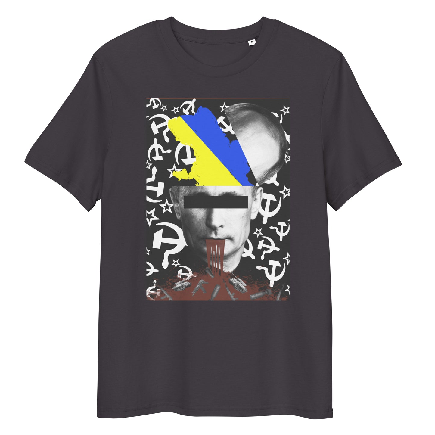 Dunkelgraues Bio-Baumwoll-T-Shirt mit politischem STOP WAR Druck, Ukraine-Flagge und Hammer-und-Sichel-Motiven.