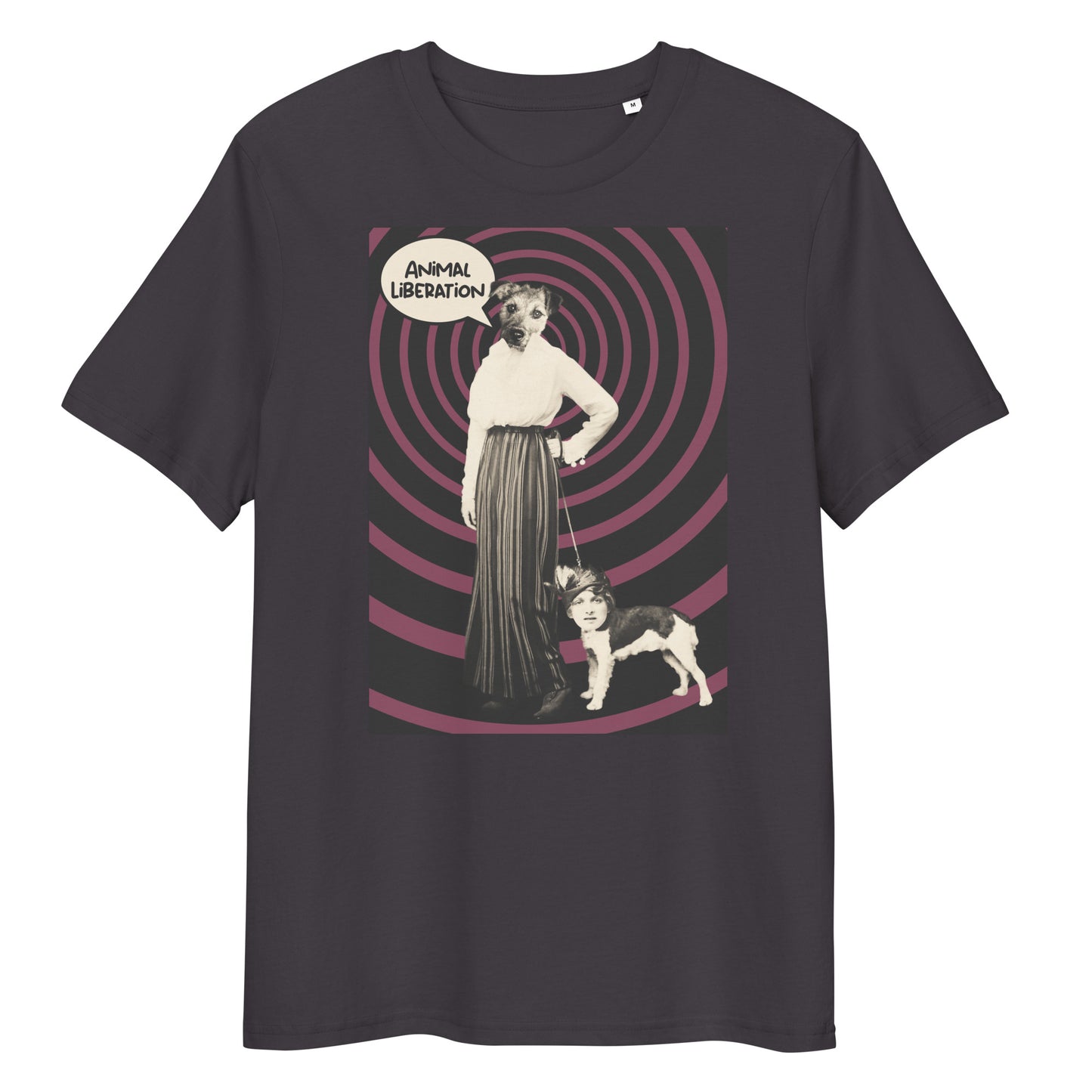 Dunkelgraues Bio-Baumwoll-T-Shirt mit Ladydog-Print, Sprechblase Animal Liberation und lila Spiral-Hintergrund.