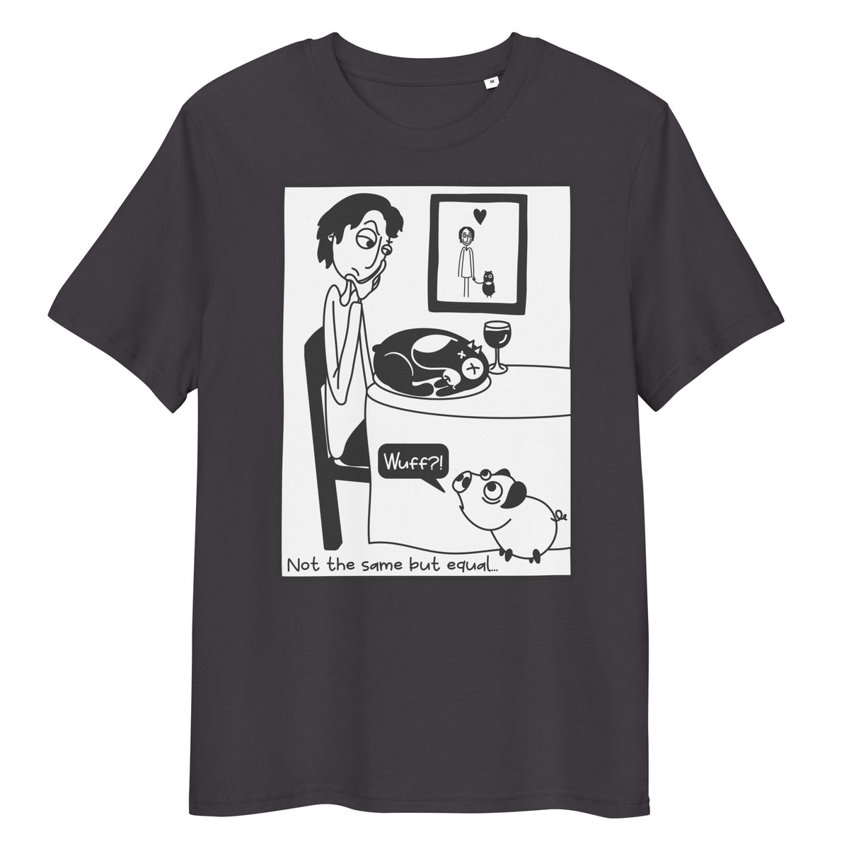 Dunkelgraues Bio-Baumwoll-T-Shirt mit Piggy-Comic-Print und dem Text Not the same but equal.