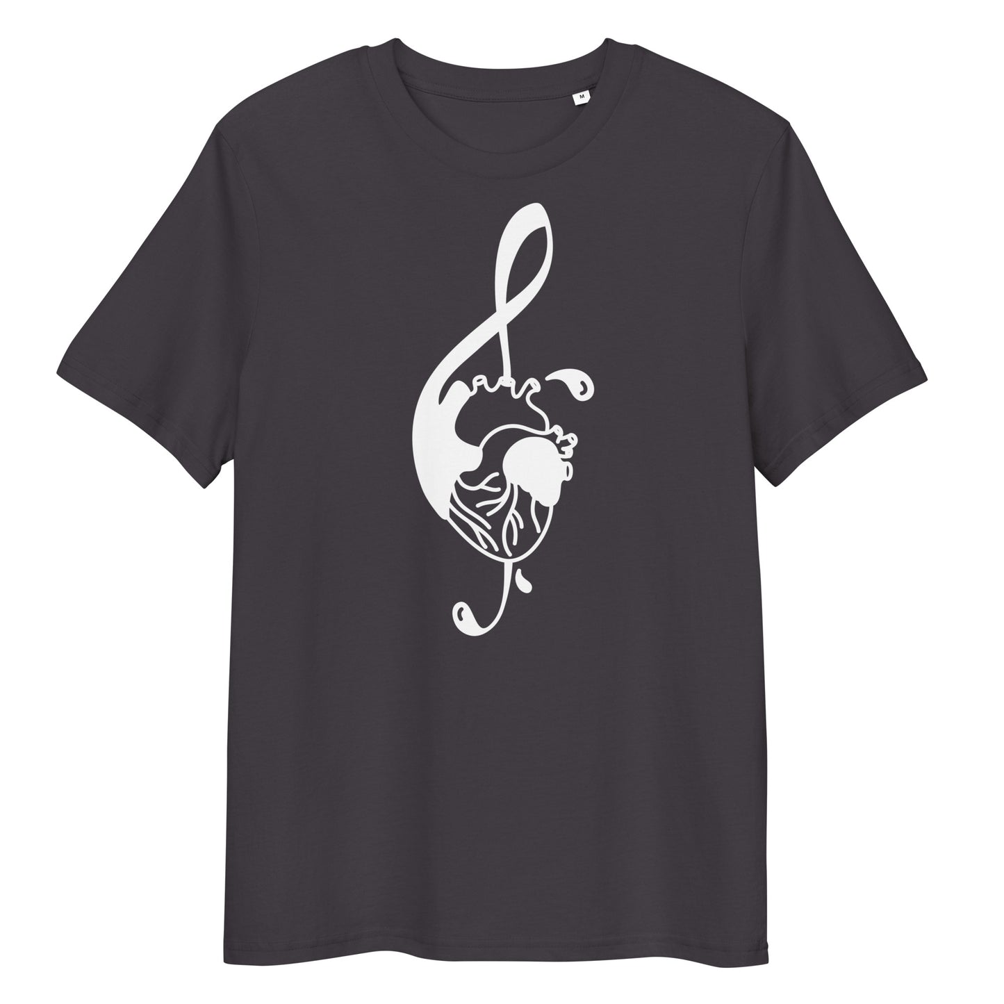 Dunkelgraues Bio-Baumwoll-T-Shirt mit weißem Notenschlüssel-Herz-Druck, Rundhalsausschnitt und klassischer Passform.