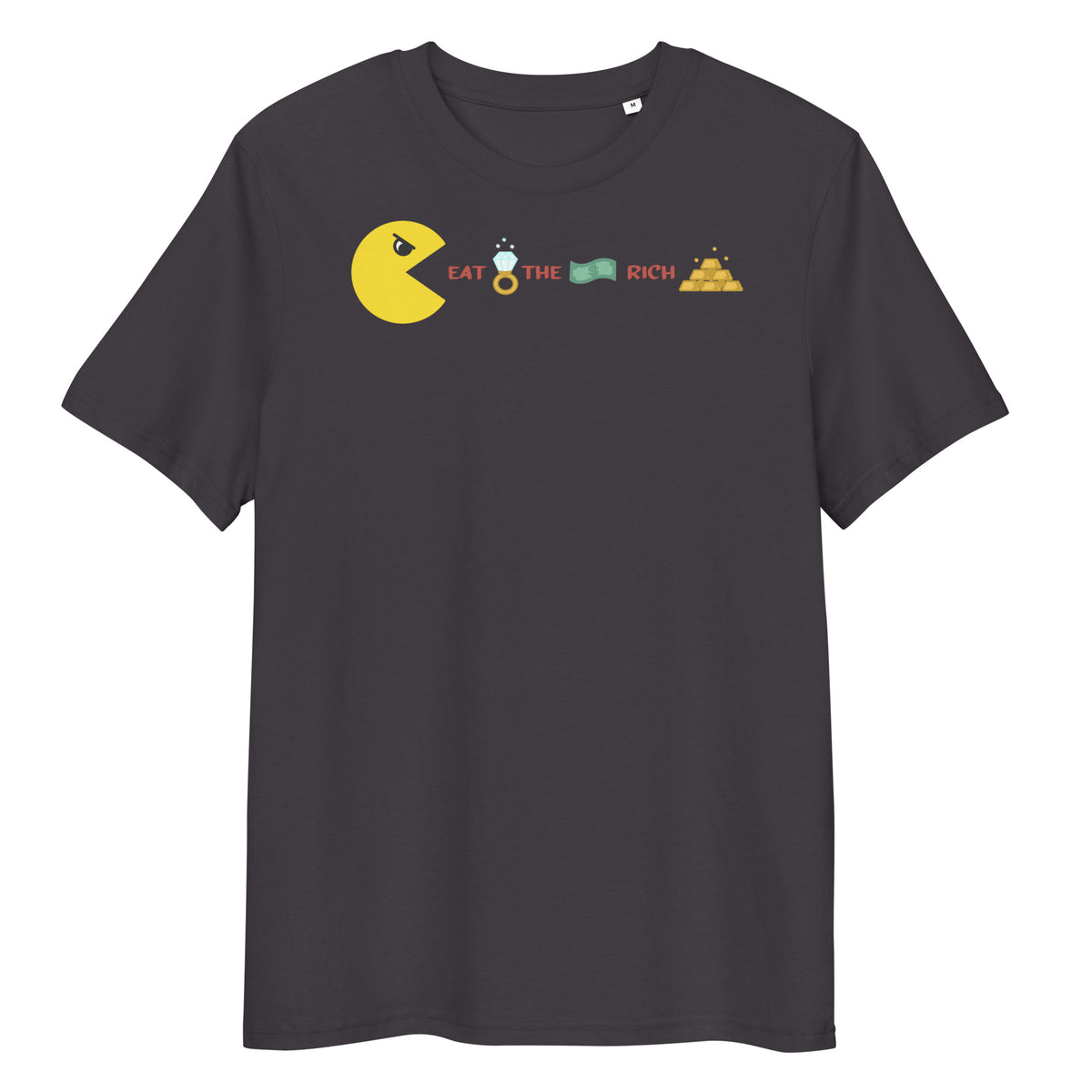Dunkelgraues Bio-Baumwoll-T-Shirt mit Pac-Man-Grafik und dem Schriftzug Eat the Rich in mittlerer Passform.
