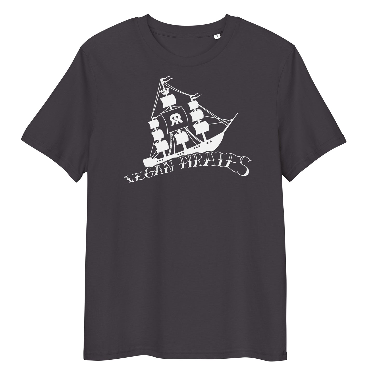 Dunkelgraues Bio-Baumwoll-T-Shirt mit weißem Vegan Pirates Segelschiff-Druck und Rundhalsausschnitt.