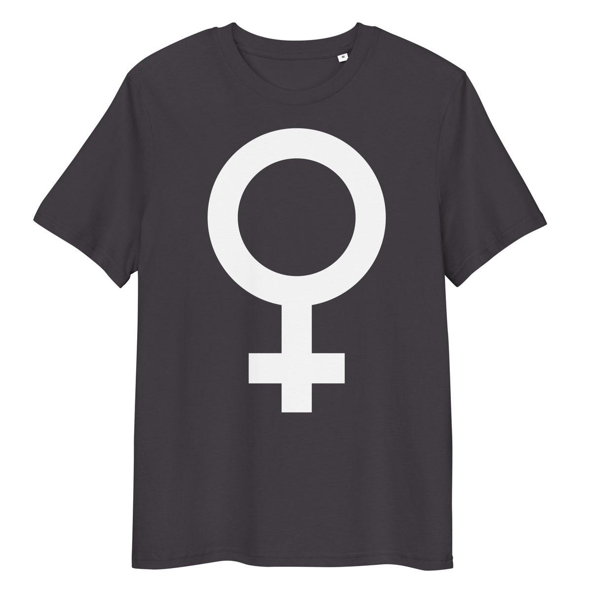 Dunkelgraues Bio-Baumwoll-T-Shirt mit weißem Feminismus-Symbol auf der Brust, mittlere Passform, Größe M.